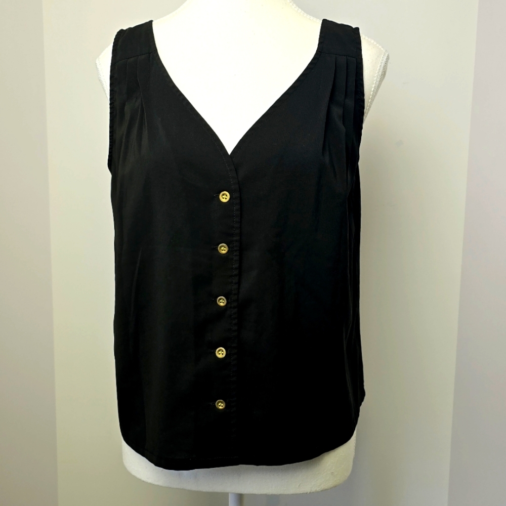 Penshoppe Black Sleeveless Button-Up V-Neck Blouse, Sz M (PTP 18")